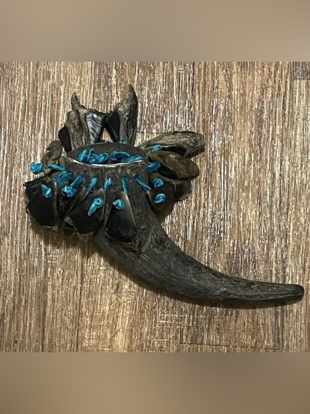 Kootenai Native American Bison Horn Instrument Rattle Hooves Blue Teal Painted